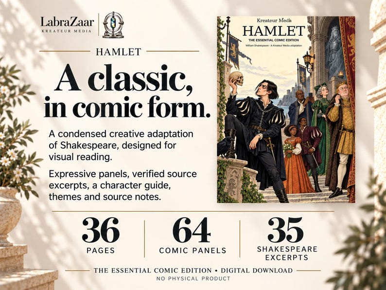 May include: A digital comic book titled Hamlet: The Essential Comic Edition by Kreateur Media. The cover features a character holding a skull, surrounded by other figures in a castle setting. It contains 36 pages, 64 panels, and 35 excerpts.