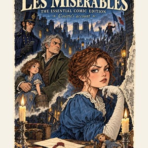 May include: A book cover titled Les Mis&eacute;rables The Essential Comic Edition Cosette's account by Victor Hugo, A Kreateur Media adaptation. The illustration features a young woman in a blue dress, a man with a child, and a city scene with candles.