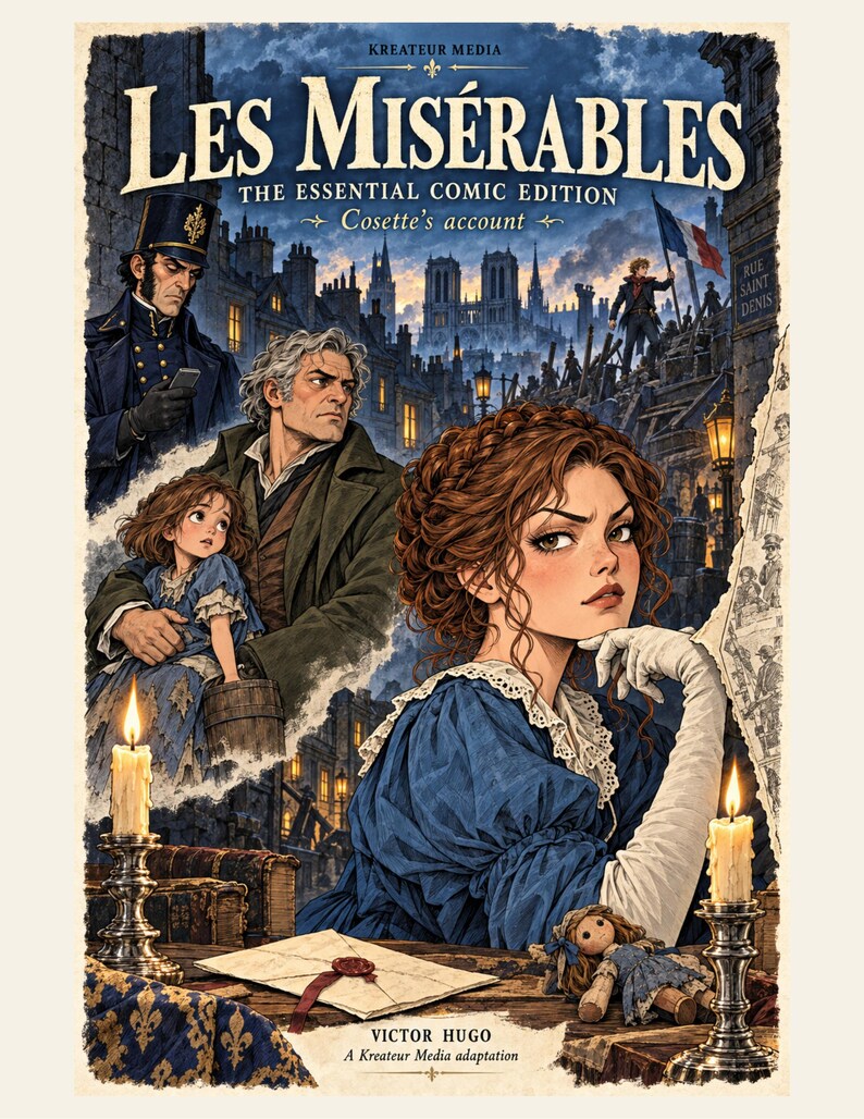 May include: A book cover titled Les Mis&eacute;rables The Essential Comic Edition Cosette's account by Victor Hugo, A Kreateur Media adaptation. The illustration features a young woman in a blue dress, a man with a child, and a city scene with candles.