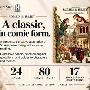 May include: A digital PDF comic book titled Romeo & Juliet: The Essential Comic Edition by LabraZaar. The cover features an illustration of Romeo climbing to a balcony to meet Juliet. It contains 24 pages, 80 comic panels, and 17 quotations.