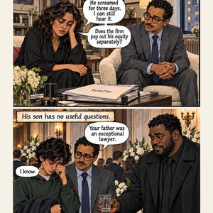 May include: A two-panel comic strip titled Chapters I-II. The top panel shows a person in black sitting across from a person in a suit with a folder labeled Benefits. The bottom panel shows three people at a funeral with text bubbles and the title The Death of Ivan Ilyich.