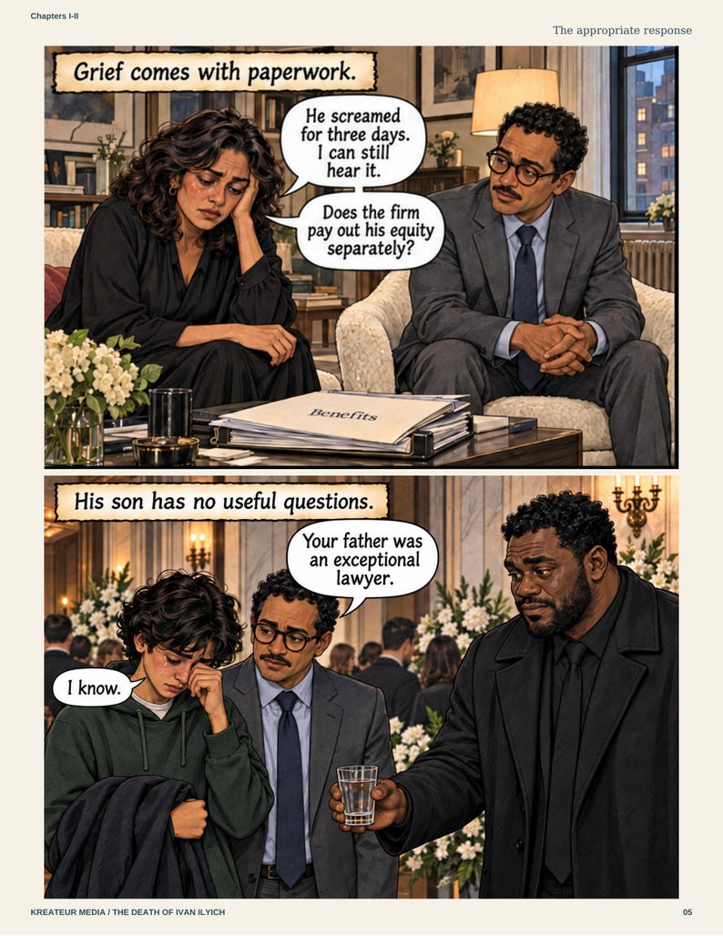 May include: A two-panel comic strip titled Chapters I-II. The top panel shows a person in black sitting across from a person in a suit with a folder labeled Benefits. The bottom panel shows three people at a funeral with text bubbles and the title The Death of Ivan Ilyich.