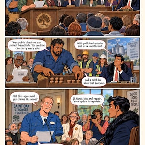 Puede incluir: Una p&aacute;gina de c&oacute;mic de tres paneles titulada The Price of a Song que representa una audiencia p&uacute;blica en una sala de tribunal. Personajes con ropa de trabajo y trajes interact&uacute;an con un alcalde. Los globos de texto contienen di&aacute;logos sobre un acuerdo.