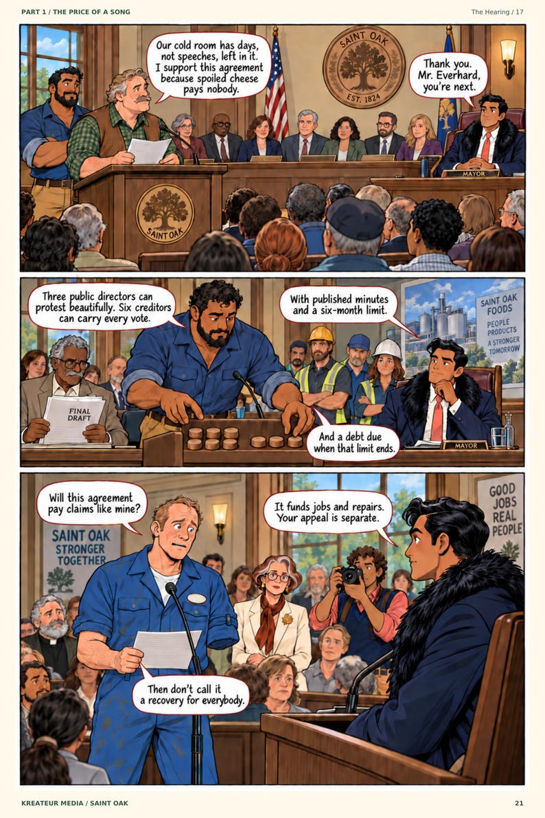 Puede incluir: Una p&aacute;gina de c&oacute;mic de tres paneles titulada The Price of a Song que representa una audiencia p&uacute;blica en una sala de tribunal. Personajes con ropa de trabajo y trajes interact&uacute;an con un alcalde. Los globos de texto contienen di&aacute;logos sobre un acuerdo.
