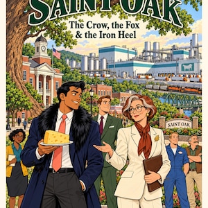 Puede incluir: Un p&oacute;ster titulado Saint Oak: The Crow, the Fox & the Iron Heel de Kreateur Media. Muestra a un grupo de personas en un entorno urbano con un gran roble, una f&aacute;brica y una persona sosteniendo un trozo de queso suizo en primer plano.