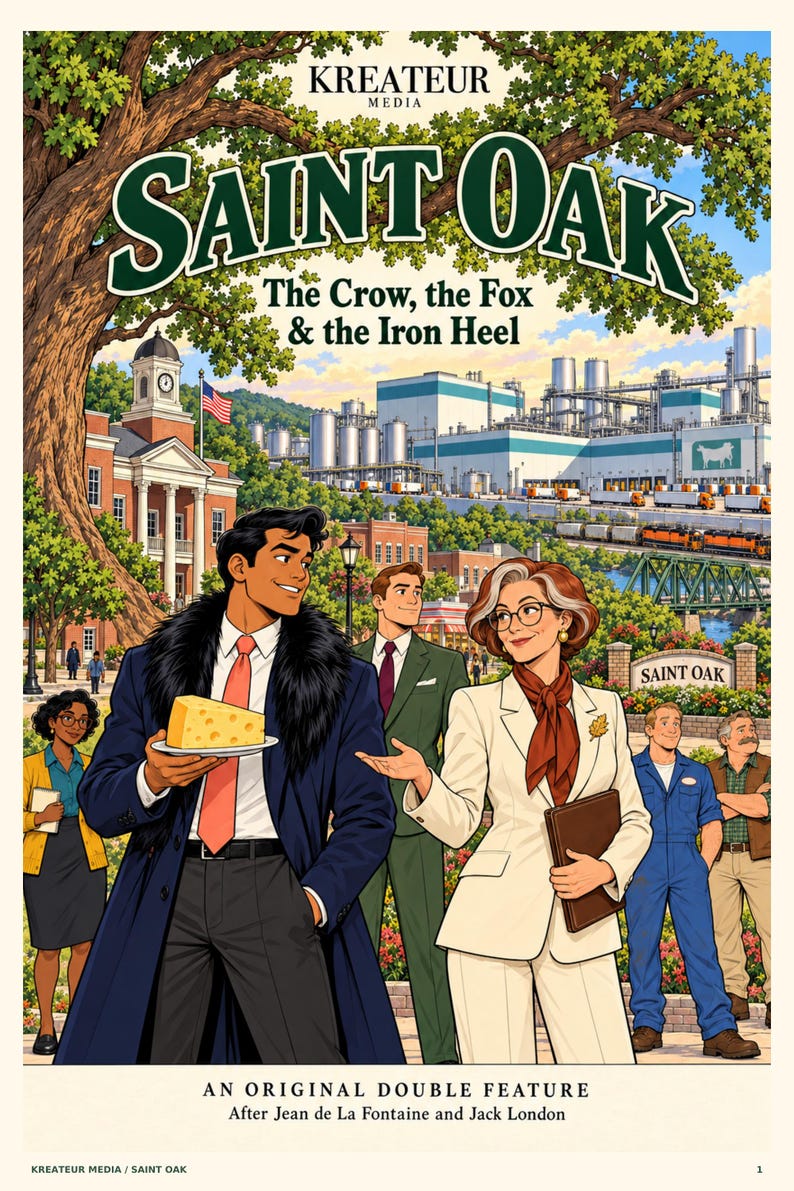 Puede incluir: Un p&oacute;ster titulado Saint Oak: The Crow, the Fox & the Iron Heel de Kreateur Media. Muestra a un grupo de personas en un entorno urbano con un gran roble, una f&aacute;brica y una persona sosteniendo un trozo de queso suizo en primer plano.