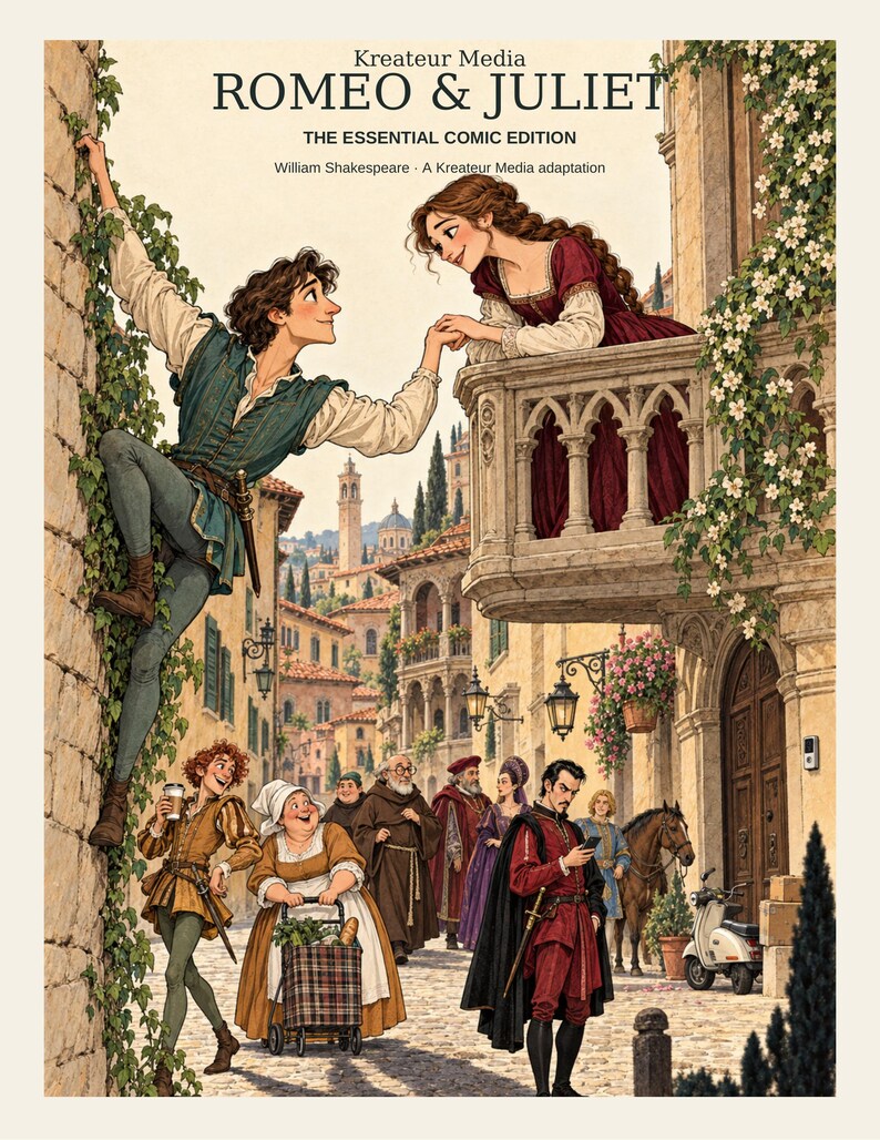May include: A book cover titled Romeo & Juliet The Essential Comic Edition by Kreateur Media. The illustration depicts a person climbing a stone wall toward a balcony where another person stands, with various figures in period clothing below.
