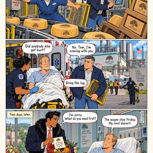 Puede incluir: Una tira c&oacute;mica de tres paneles titulada The Price of a Song. El primer panel muestra un accidente de f&aacute;brica con trabajadores y quesos. El segundo panel muestra una escena de ambulancia en Saint Oak Foods. El tercero muestra una visita al hospital.