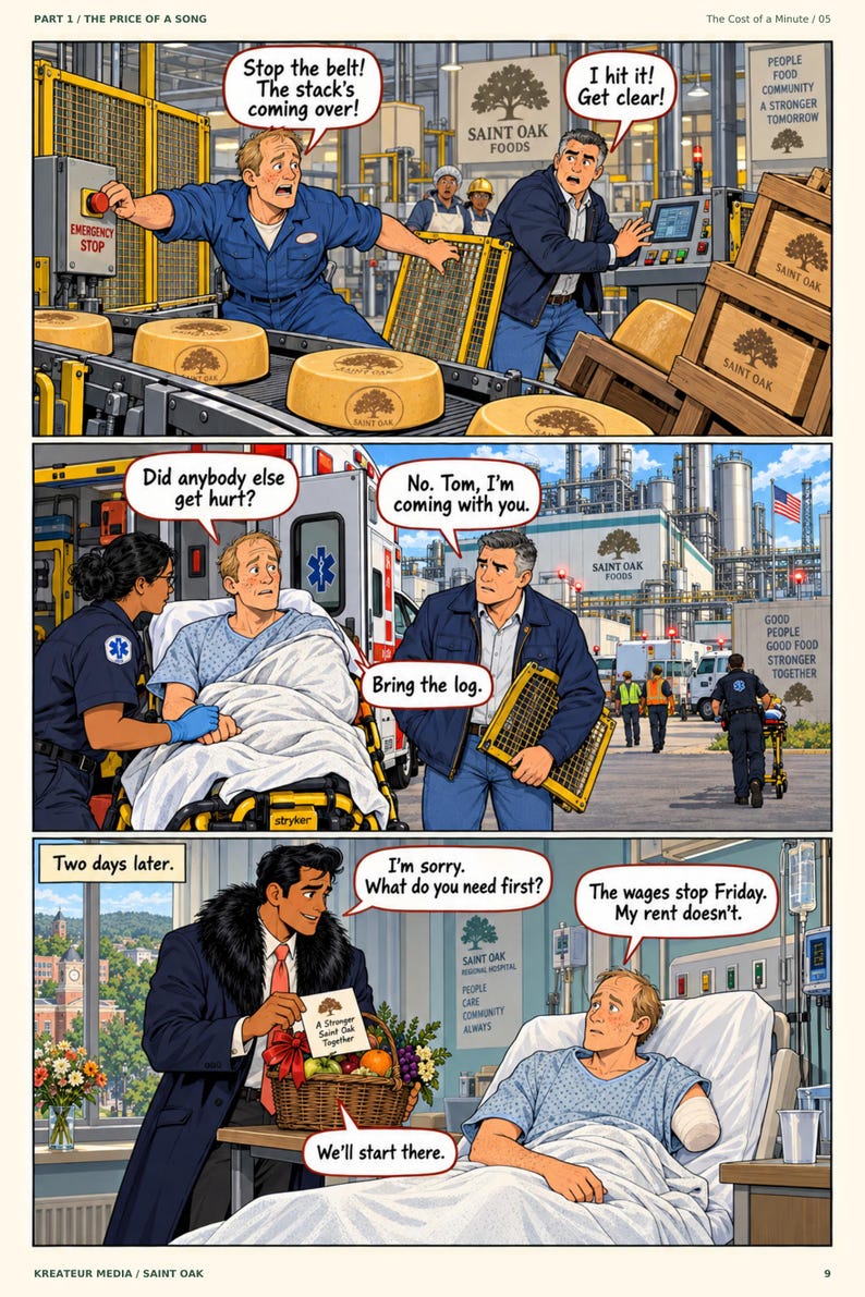 Puede incluir: Una tira c&oacute;mica de tres paneles titulada The Price of a Song. El primer panel muestra un accidente de f&aacute;brica con trabajadores y quesos. El segundo panel muestra una escena de ambulancia en Saint Oak Foods. El tercero muestra una visita al hospital.