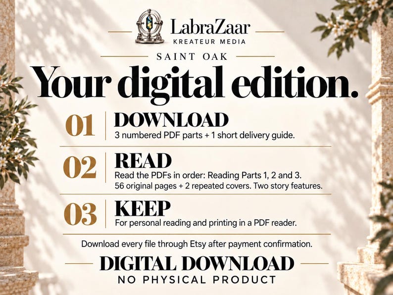 Puede incluir: Una infograf&iacute;a de descarga digital para Saint Oak con el logotipo de LabraZaar Kreateur Media. Describe tres pasos: 01 Descargar 3 partes en PDF y una gu&iacute;a, 02 Leer 56 p&aacute;ginas en orden, y 03 Conservar para lectura personal e impresi&oacute;n.