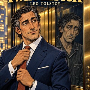 May include: A book cover titled The Death of Ivan Ilyich by Leo Tolstoy, featuring a man in a navy blue suit and red tie adjusting his collar. A reflection in a gold elevator door shows the same man looking tired in dark pajamas.