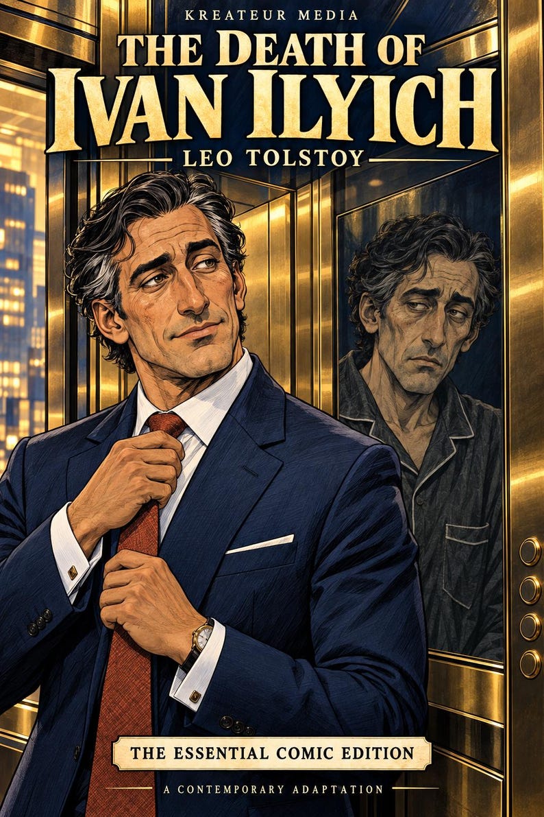 May include: A book cover titled The Death of Ivan Ilyich by Leo Tolstoy, featuring a man in a navy blue suit and red tie adjusting his collar. A reflection in a gold elevator door shows the same man looking tired in dark pajamas.