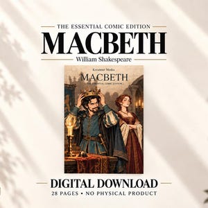 Peut inclure: Un t&eacute;l&eacute;chargement num&eacute;rique de l'&eacute;dition Essential Comic de Macbeth par William Shakespeare. La couverture montre un homme en tunique bleue pla&ccedil;ant une couronne sur sa t&ecirc;te, avec une femme en robe rouge debout &agrave; ses c&ocirc;t&eacute;s dans une pi&egrave;ce en pierre.