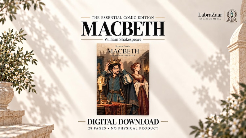 Peut inclure: Un t&eacute;l&eacute;chargement num&eacute;rique de l'&eacute;dition Essential Comic de Macbeth par William Shakespeare. La couverture montre un homme en tunique bleue pla&ccedil;ant une couronne sur sa t&ecirc;te, avec une femme en robe rouge debout &agrave; ses c&ocirc;t&eacute;s dans une pi&egrave;ce en pierre.