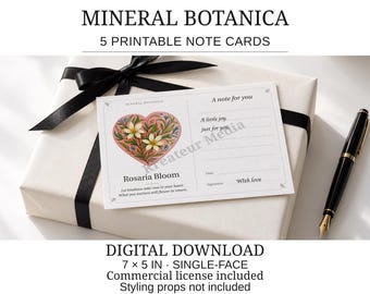Mineral Botanica Printable Notecards: 5 Botanical 7x5 Cards, PDF PNG, Commercial License