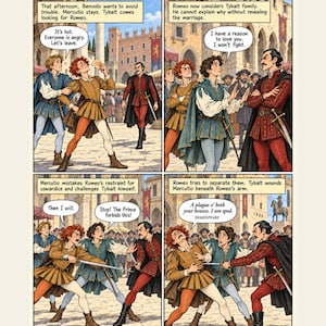 May include: A four-panel comic page titled The secret in the sword fight, depicting a scene from Romeo and Juliet. Characters in period clothing interact in a town square, with speech bubbles containing dialogue and narrative text boxes throughout.