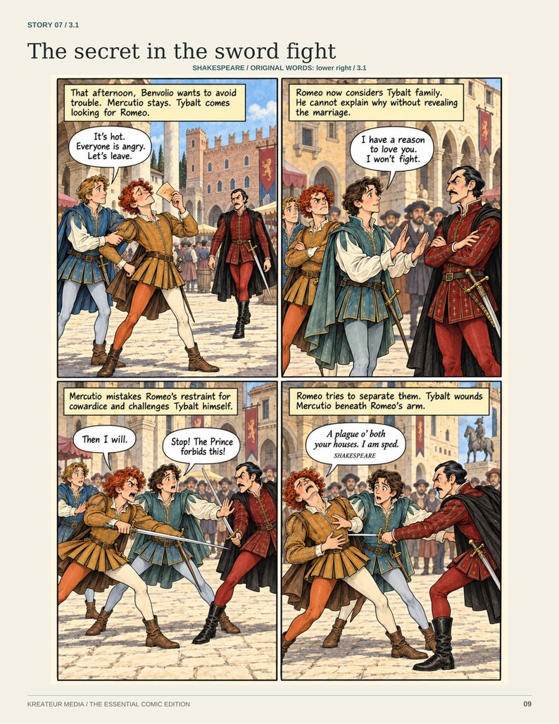 May include: A four-panel comic page titled The secret in the sword fight, depicting a scene from Romeo and Juliet. Characters in period clothing interact in a town square, with speech bubbles containing dialogue and narrative text boxes throughout.