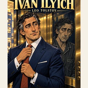May include: A book cover titled The Death of Ivan Ilyich by Leo Tolstoy, featuring a man in a navy blue suit and red tie adjusting his collar, with a reflection in a gold elevator door showing a weary man in dark pajamas. Kreateur Media branding.