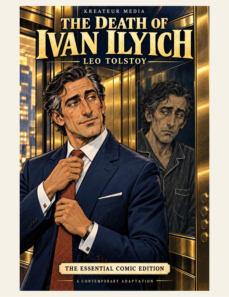 May include: A book cover titled The Death of Ivan Ilyich by Leo Tolstoy, featuring a man in a navy blue suit and red tie adjusting his collar, with a reflection in a gold elevator door showing a weary man in dark pajamas. Kreateur Media branding.