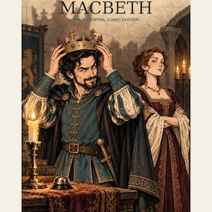Peut inclure: Une couverture de bande dessin&eacute;e intitul&eacute;e Macbeth The Essential Comic Edition par Kreateur Media. Un homme en tunique bleue et cape sombre place une couronne dor&eacute;e sur sa t&ecirc;te. &Agrave; ses c&ocirc;t&eacute;s se tient une femme en longue robe rouge fonc&eacute;.