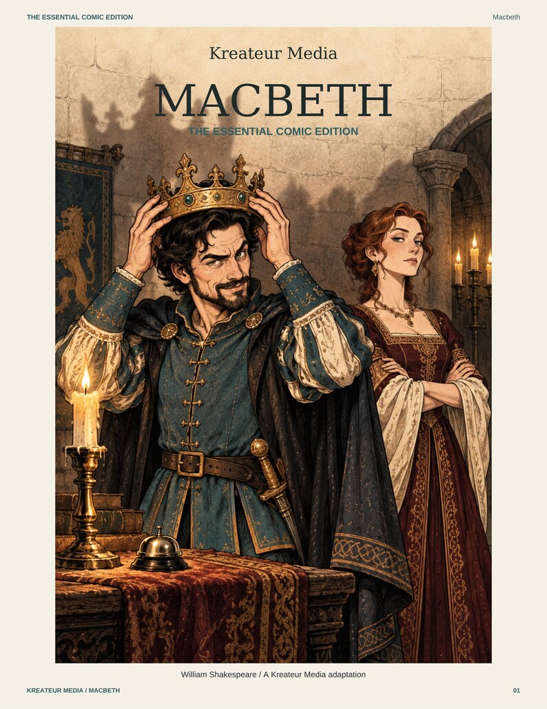 Peut inclure: Une couverture de bande dessin&eacute;e intitul&eacute;e Macbeth The Essential Comic Edition par Kreateur Media. Un homme en tunique bleue et cape sombre place une couronne dor&eacute;e sur sa t&ecirc;te. &Agrave; ses c&ocirc;t&eacute;s se tient une femme en longue robe rouge fonc&eacute;.