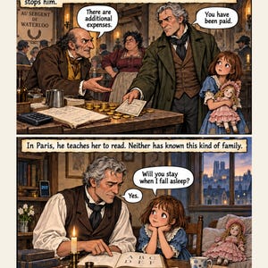 May include: A two-panel comic illustration depicting a story. The top panel shows a man paying a man in a tavern with gold coins and a document. The bottom panel shows the man teaching a young girl to read from a book with the letters A B C D E F.