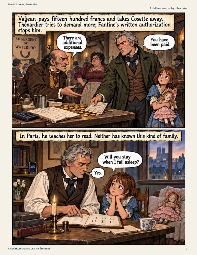 May include: A two-panel comic illustration depicting a story. The top panel shows a man paying a man in a tavern with gold coins and a document. The bottom panel shows the man teaching a young girl to read from a book with the letters A B C D E F.