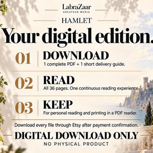 May include: A digital download graphic for Hamlet by LabraZaar Kreateur Media. It outlines three steps: 01 Download 1 PDF and guide, 02 Read 36 pages, and 03 Keep for personal use. The text states Digital Download Only, No Physical Product.