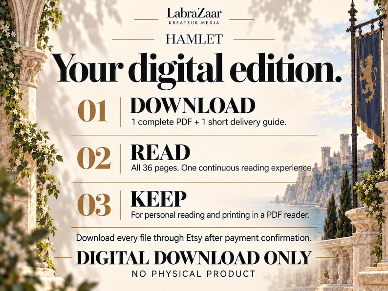 May include: A digital download graphic for Hamlet by LabraZaar Kreateur Media. It outlines three steps: 01 Download 1 PDF and guide, 02 Read 36 pages, and 03 Keep for personal use. The text states Digital Download Only, No Physical Product.
