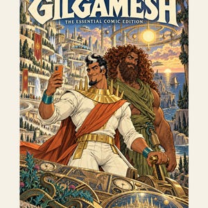 Peut inclure: Une couverture de bande dessin&eacute;e intitul&eacute;e The Epic of Gilgamesh The Essential Comic Edition par Kreateur Media. Elle montre deux personnages dans une cit&eacute; futuriste, l'un prenant un selfie, avec un serpent et des engrenages complexes.