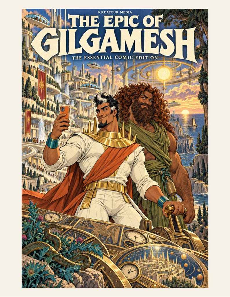 Peut inclure: Une couverture de bande dessin&eacute;e intitul&eacute;e The Epic of Gilgamesh The Essential Comic Edition par Kreateur Media. Elle montre deux personnages dans une cit&eacute; futuriste, l'un prenant un selfie, avec un serpent et des engrenages complexes.
