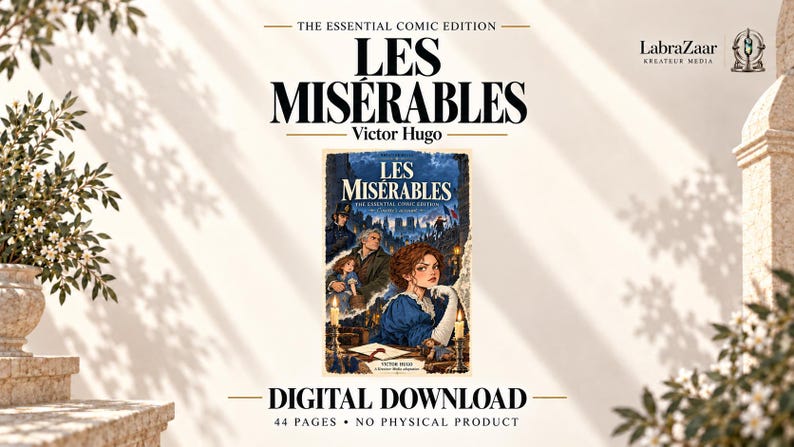 May include: A digital download of The Essential Comic Edition of Les Mis&eacute;rables by Victor Hugo. The cover art features a central illustration of a woman in a blue dress, a man, and a child, set against a dark cityscape with candles in the foreground.