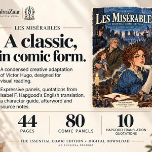 May include: A digital comic book titled Les Mis&eacute;rables: The Essential Comic Edition, featuring an illustrated cover with characters, candles, and a letter. The text includes A classic, in comic form, 44 pages, 80 comic panels, and 10 quotations.