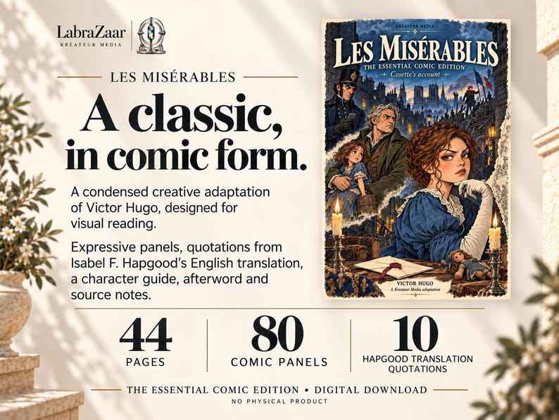 May include: A digital comic book titled Les Mis&eacute;rables: The Essential Comic Edition, featuring an illustrated cover with characters, candles, and a letter. The text includes A classic, in comic form, 44 pages, 80 comic panels, and 10 quotations.