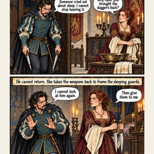 Peut inclure: Une bande dessin&eacute;e en deux panneaux repr&eacute;sentant Macbeth et Lady Macbeth. Le panneau sup&eacute;rieur montre Macbeth tenant deux poignards avec des bulles de texte. Le panneau inf&eacute;rieur montre Lady Macbeth prenant les poignards. Tenues d'&eacute;poque.