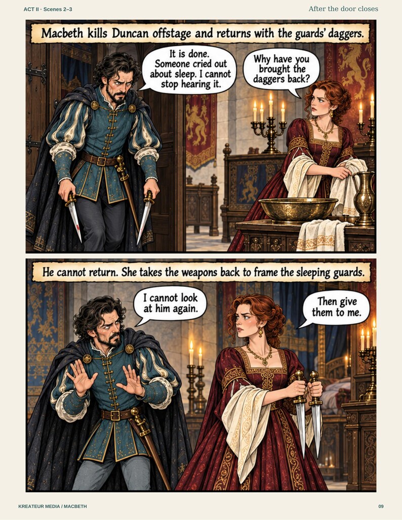 Peut inclure: Une bande dessin&eacute;e en deux panneaux repr&eacute;sentant Macbeth et Lady Macbeth. Le panneau sup&eacute;rieur montre Macbeth tenant deux poignards avec des bulles de texte. Le panneau inf&eacute;rieur montre Lady Macbeth prenant les poignards. Tenues d'&eacute;poque.