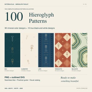 Verktygssats med 100 sömlösa hieroglyfmönster | Egyptisk PNG och SVG, 5 mineralpaletter + svartvitt | Kommersiellt bruk