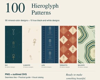 100 Hieroglyph Seamless Patterns Toolkit | Egyptian PNG and SVG, 5 Mineral Palettes + Black and White | Commercial Use