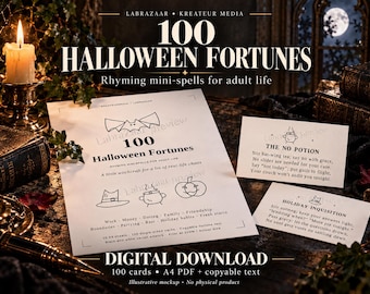 100 lustige Halloween-Glückskarten | Druckbare Gastgeschenke für Erwachsene | PDF + TXT zur kommerziellen Nutzung