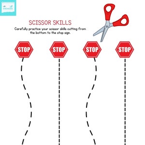 May include: A printable worksheet for kids to practice scissor skills. The worksheet features four red stop signs with dashed lines leading to the top of each sign. The text "SCISSOR SKILLS" is at the top of the page, and the instructions say to "Carefully practice your scissor skills cutting from the bottom to the stop sign."
