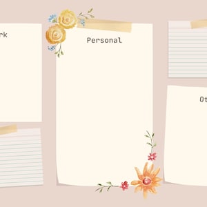 Könnte beinhalten: Ein Satz von vier leeren Notizblöcken mit floralen Akzenten und Klebeband. Die Notizblöcke sind mit "Arbeit", "Persönlich", "Sonstiges" beschriftet und haben liniertes Papier.