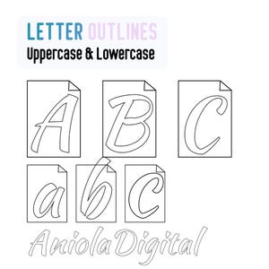 May include: White background with black outlined uppercase and lowercase letters A, B, and C on individual sheets of paper. The text "LETTER OUTLINES Uppercase & Lowercase" is at the top, and "Aniola Digital" is at the bottom.