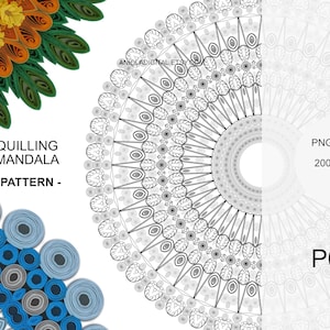 May include: A digital image featuring a quilling mandala pattern. The design includes colorful paper quilling in orange, yellow, green, and blue, along with a black and white mandala outline. Text includes "Quilling Mandala - Pattern -" and "PNG Download 2000x2000 px".