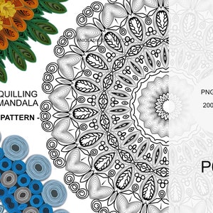 May include: Quilling mandala pattern design with three different colour variations: orange, blue, and grey. The design is intricate and detailed, with a variety of shapes and patterns. The text "Quilling Mandala - Pattern -" is displayed below the design.