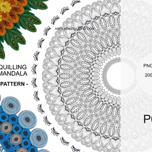 Puede incluir: Patrón de mandala de quilling con tres esquemas de color diferentes: naranja, verde, azul y gris. El patrón es un diseño circular con detalles intrincados. El texto "Quilling Mandala - Pattern -" está en el centro de la imagen. El texto "PNG Download 2000x2000 px" está en la esquina superior derecha de la imagen. El texto "P020" está en la esquina inferior derecha de la imagen.