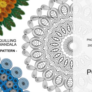 May include: Quilling mandala pattern design in blue, grey, and orange. The design is a circular pattern with a centre point and radiating lines. The pattern is repeated in the background. The text "Quilling Mandala - Pattern -" is in the centre of the image. The text "PNG Download 2000x2000 px" is in the top right corner of the image. The text "P039" is in the bottom right corner of the image.