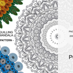 May include: Quilling Mandala Pattern - A black and white mandala pattern with intricate details. The pattern is surrounded by three partial mandalas in orange, green, and blue.