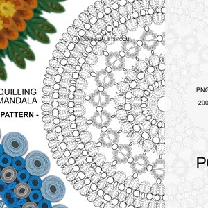 May include: Quilling Mandala Pattern - P038. A black and white quilling mandala pattern with a blue and gray quilling mandala pattern on the left and an orange and green quilling mandala pattern on the top. The pattern is 2000x2000 pixels.