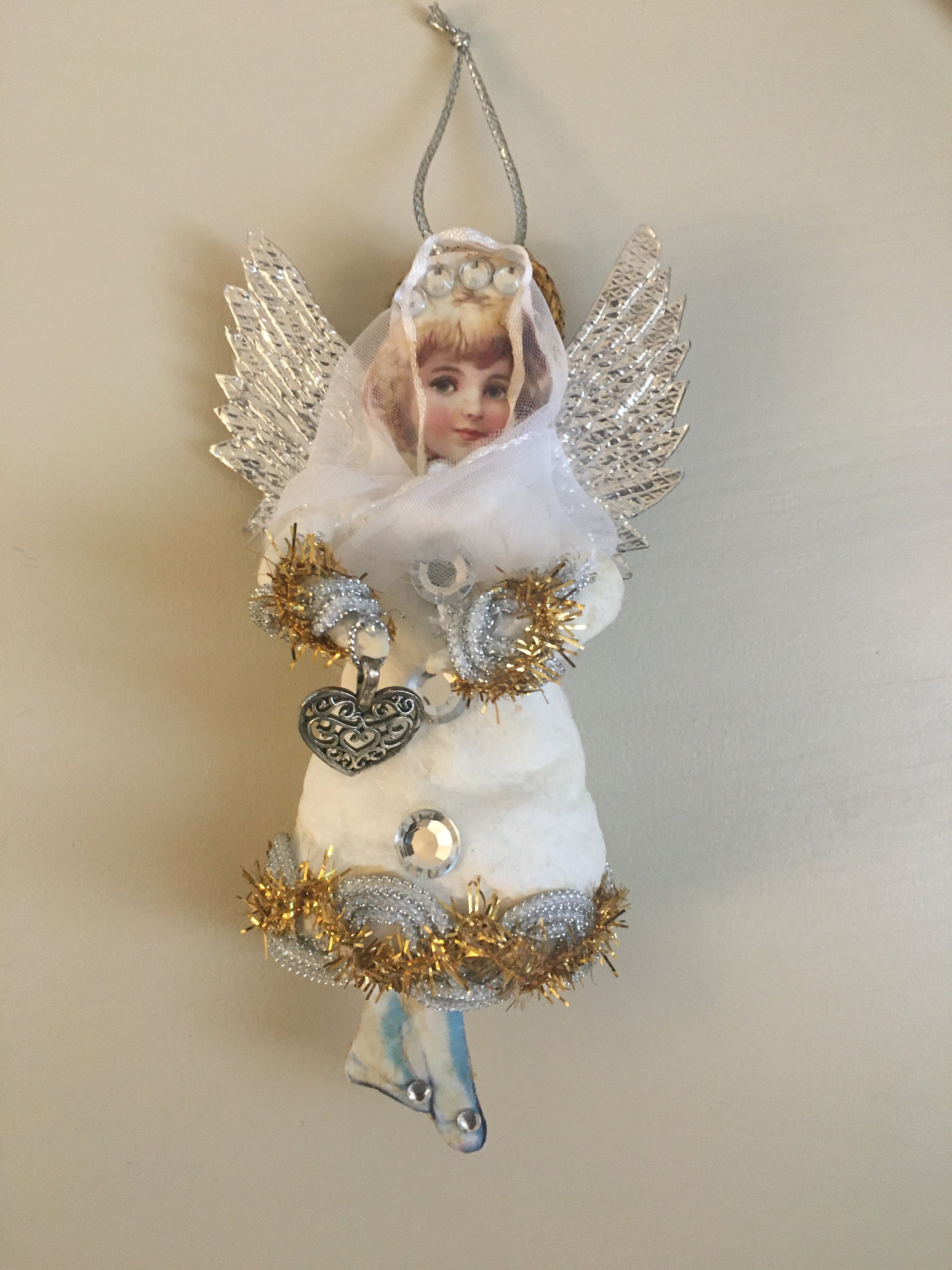 Spun cotton christmas ornament angel with silver foil wings Etsy