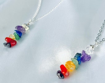 Chakra Necklace, Chakra Chip Stainless Steel Necklace, Silver Plated Gemstone Necklace.